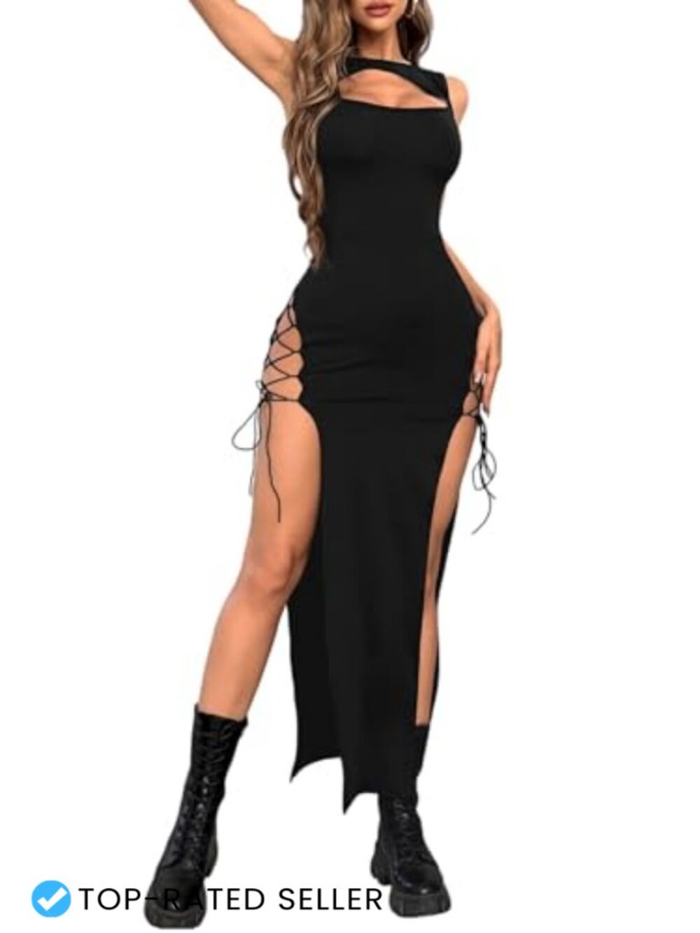 Women's Gothic Midi Dress Double High Slit Cut Out Party Club Bodycon
